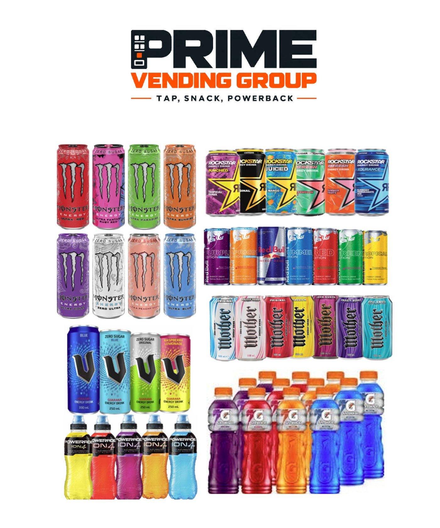 Prime Vending Group energy drink selection - vending machine products available in Sydney