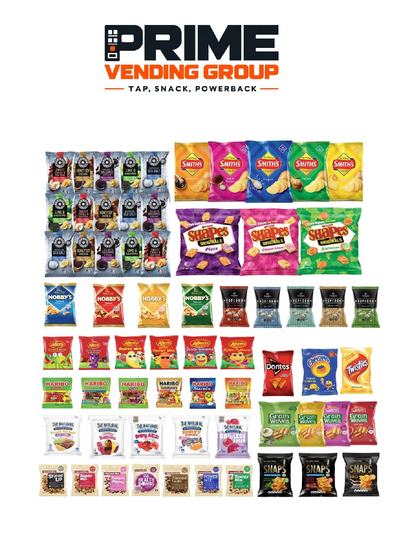 Prime Vending Group snacks and lollies selection - vending machine products available in Sydney
